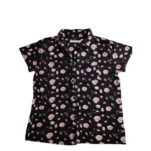 Joan Vass Womens Medium Black Pink Rose Floral Button Up Short Sleeve Sleep Top